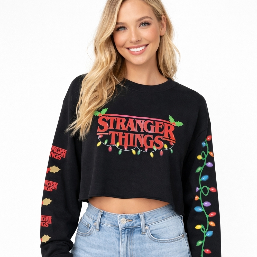 Stranger Things Licensed Cropped Sweatshirt XXL Black with Christmas Lights